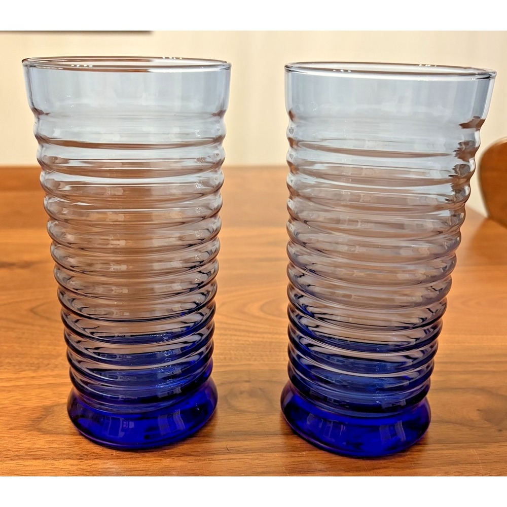 2 Libbey Cobalt Blue Tumblers Sirrus Ribbed MCM Vintage Drinkware Glasses 16oz